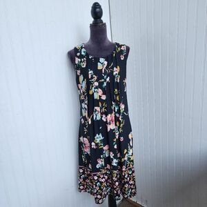 NorthStyle Floral Midi Dress Sleeveless Pleated Detail Black Stretch Knit Sz 10